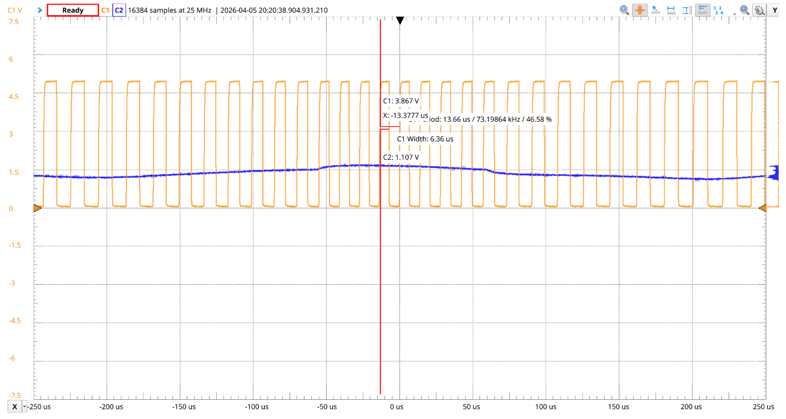 Scope reading demonstrating how the transmitted frequency changes as the input voltage does.